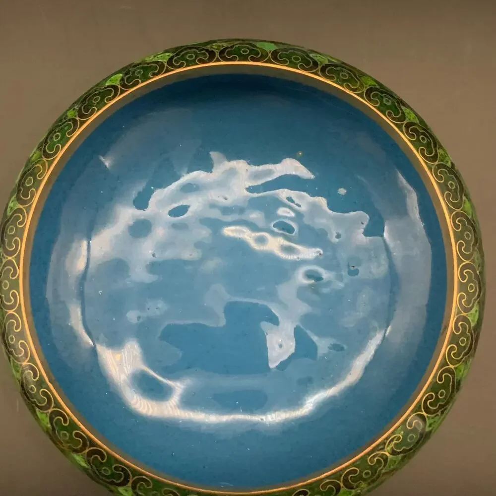 Chinese Cloisonne Bowl w/ Lid Enamel Over Brass Green Champleve Floral Leaf - Picture 12 of 16